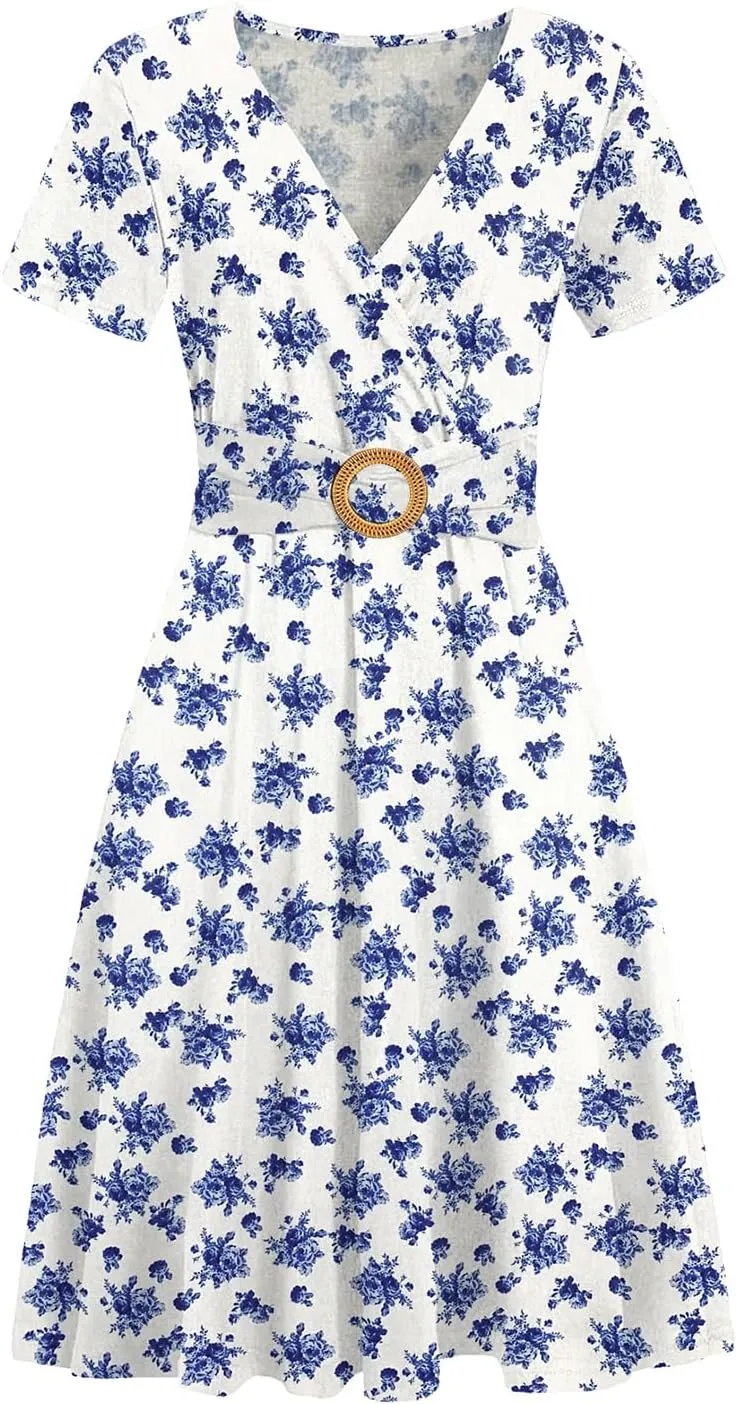 Women's Elegant Criss-Cross V Neck Vintage Short Sleeve Work Casual Fit and Flare Tea Dress with Pockets 980