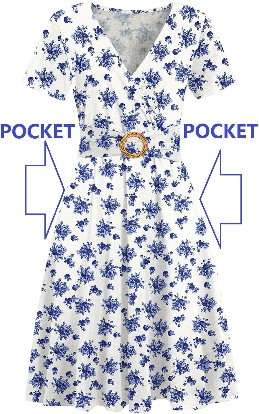 Women's Elegant Criss-Cross V Neck Vintage Short Sleeve Work Casual Fit and Flare Tea Dress with Pockets 980