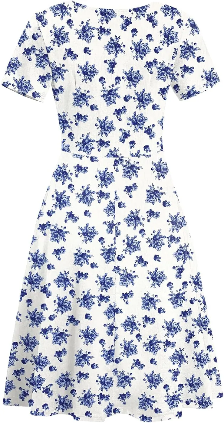 Women's Elegant Criss-Cross V Neck Vintage Short Sleeve Work Casual Fit and Flare Tea Dress with Pockets 980