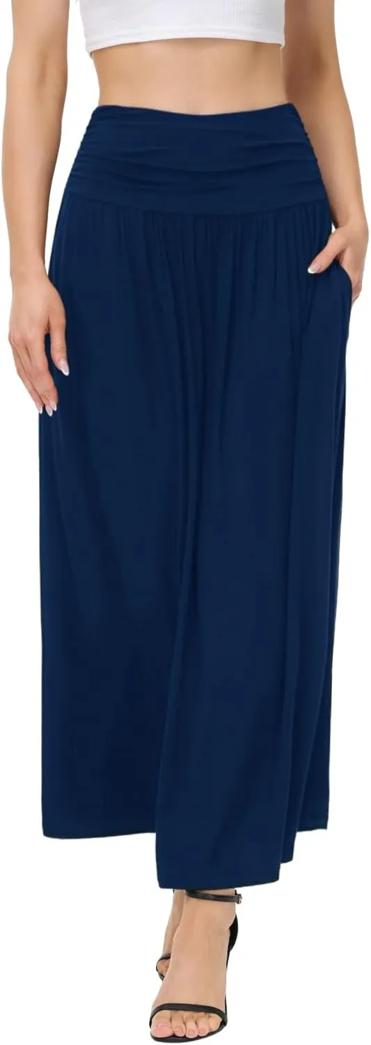 Womens Elegant Maxi Skirt Casual Ruched High Waist Flowy Long Skirts Reg and Plus Size with Pockets Black Floral