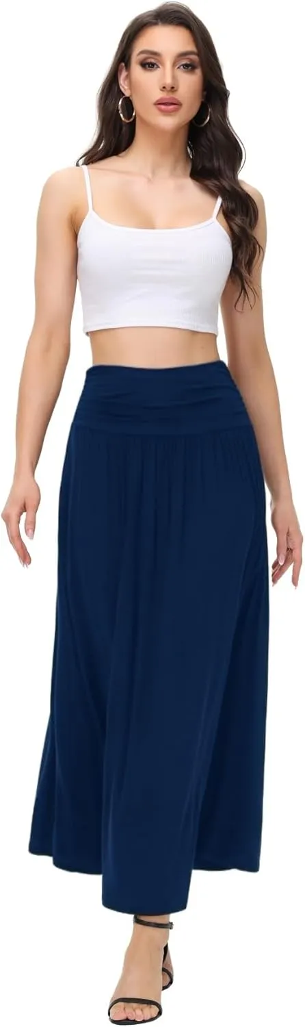 Womens Elegant Maxi Skirt Casual Ruched High Waist Flowy Long Skirts Reg and Plus Size with Pockets Black Floral