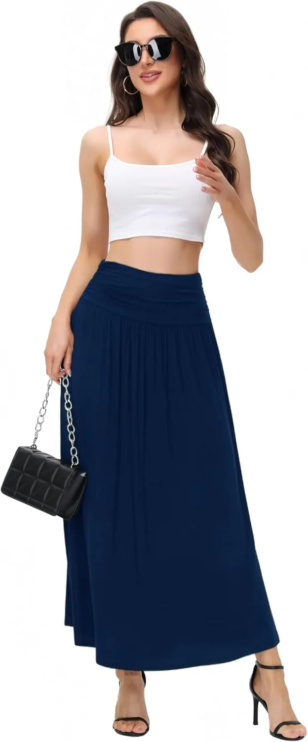 Womens Elegant Maxi Skirt Casual Ruched High Waist Flowy Long Skirts Reg and Plus Size with Pockets Black Floral