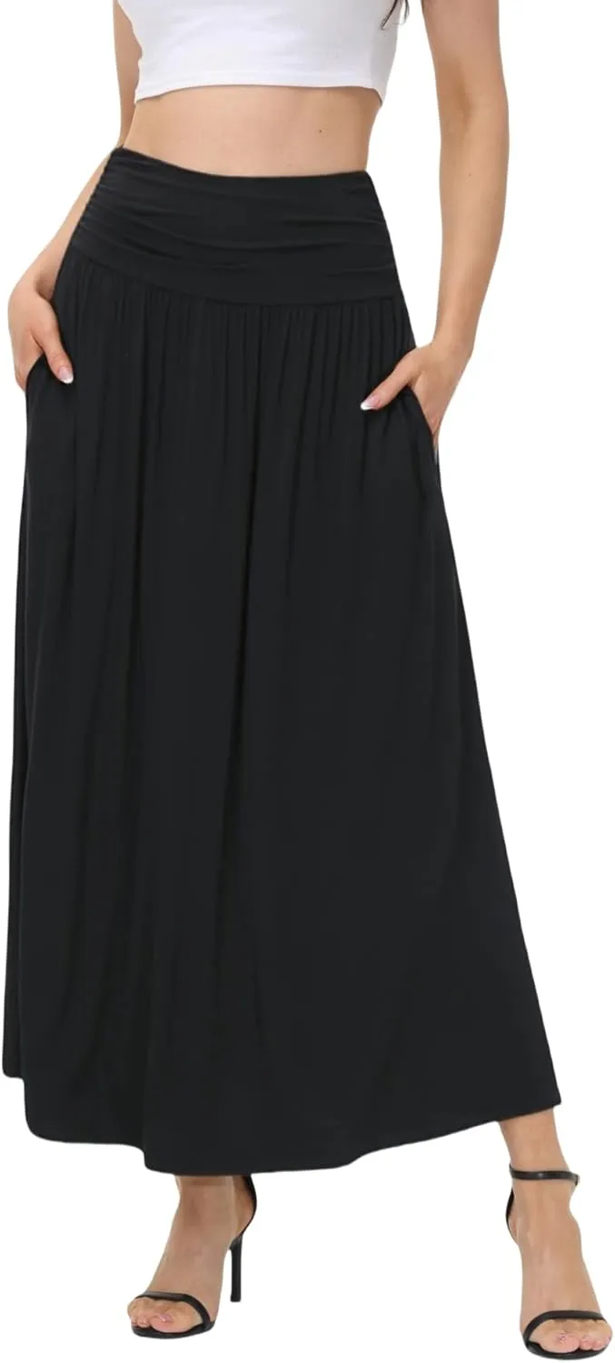 Womens Elegant Maxi Skirt Casual Ruched High Waist Flowy Long Skirts Reg and Plus Size with Pockets Black Floral