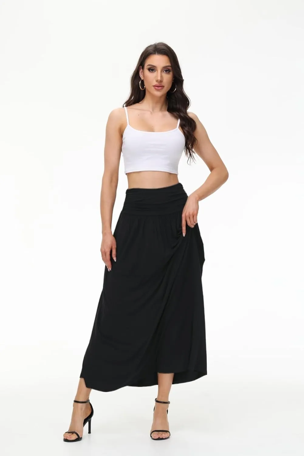 Womens Elegant Maxi Skirt Casual Ruched High Waist Flowy Long Skirts Reg and Plus Size with Pockets Black Floral