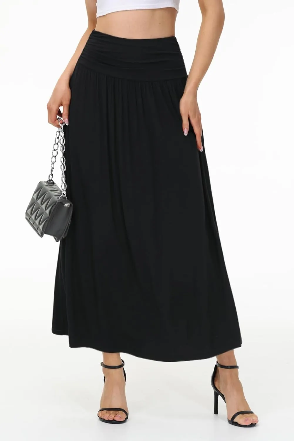 Womens Elegant Maxi Skirt Casual Ruched High Waist Flowy Long Skirts Reg and Plus Size with Pockets Black Floral