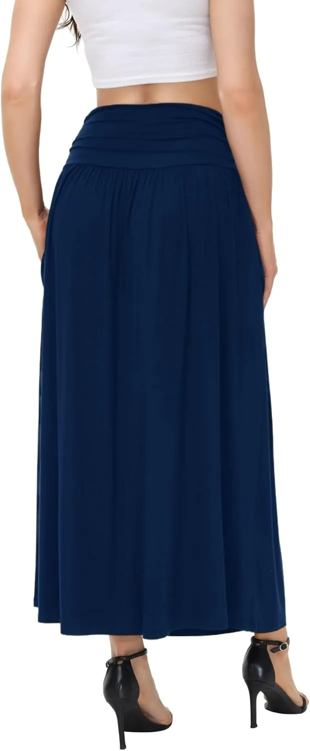 Womens Elegant Maxi Skirt Casual Ruched High Waist Flowy Long Skirts Reg and Plus Size with Pockets Black Floral