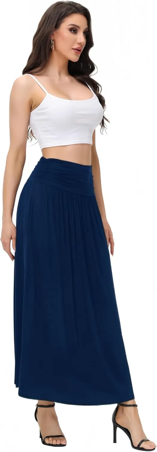 Womens Elegant Maxi Skirt Casual Ruched High Waist Flowy Long Skirts Reg and Plus Size with Pockets Black Floral