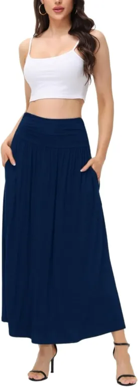 Womens Elegant Maxi Skirt Casual Ruched High Waist Flowy Long Skirts Reg and Plus Size with Pockets Black Floral