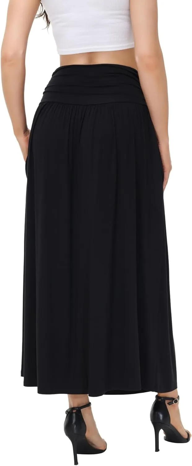 Womens Elegant Maxi Skirt Casual Ruched High Waist Flowy Long Skirts Reg and Plus Size with Pockets Black Floral