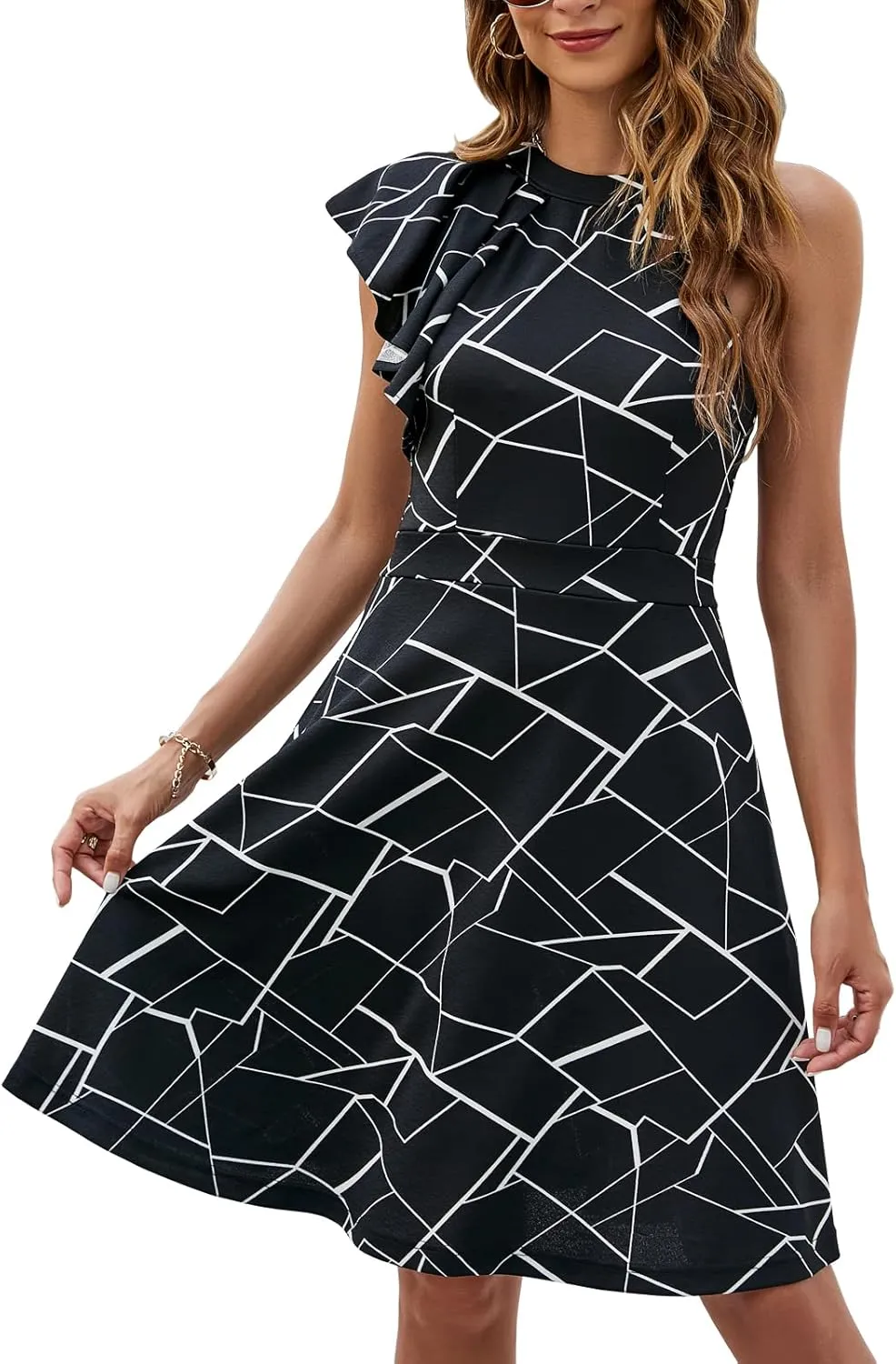 Women's Summer Casual Halter Neck Dress Sleeveless Ruffle A-line Cocktail Party Sundress with Pockets