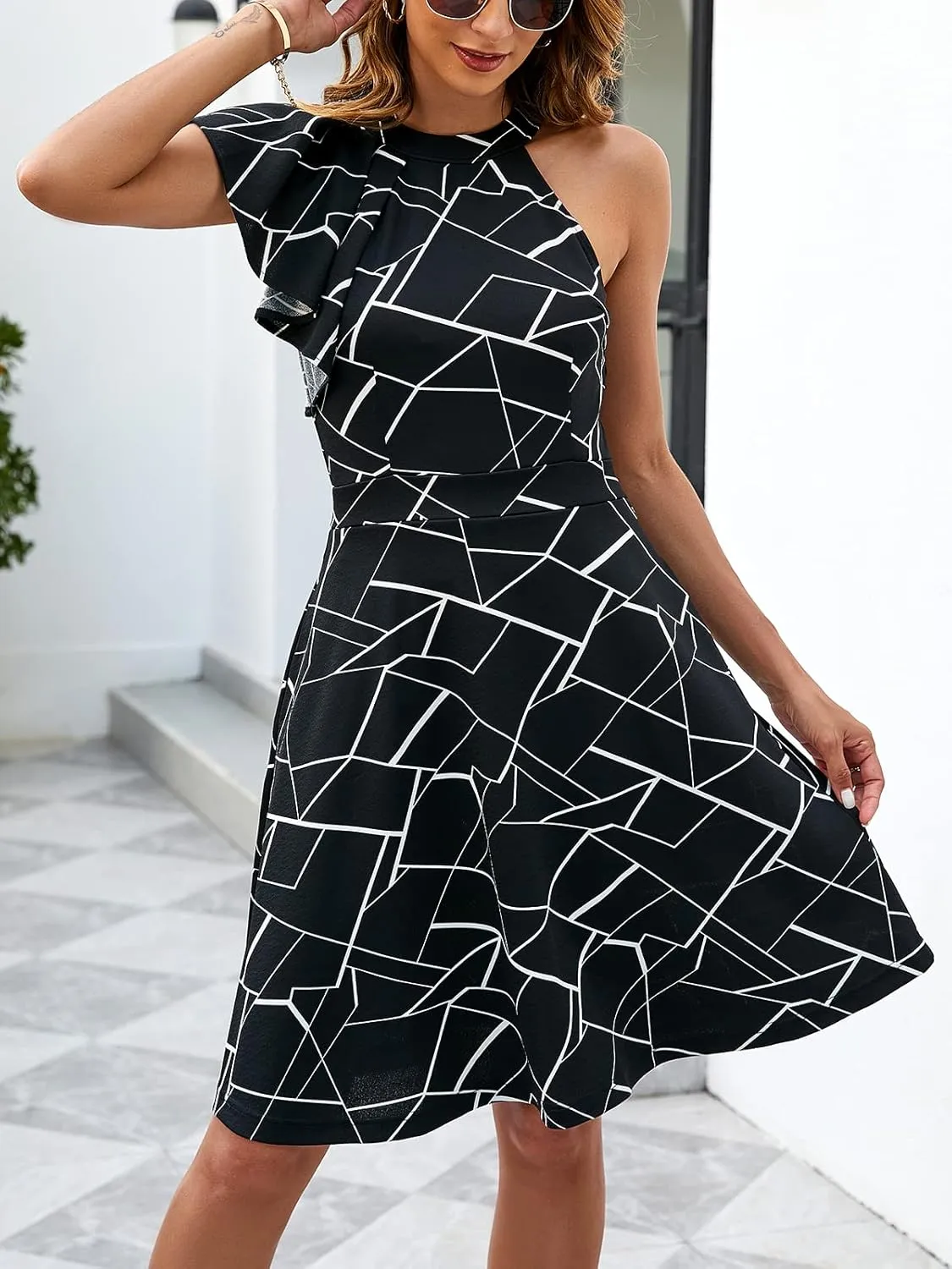 Women's Summer Casual Halter Neck Dress Sleeveless Ruffle A-line Cocktail Party Sundress with Pockets
